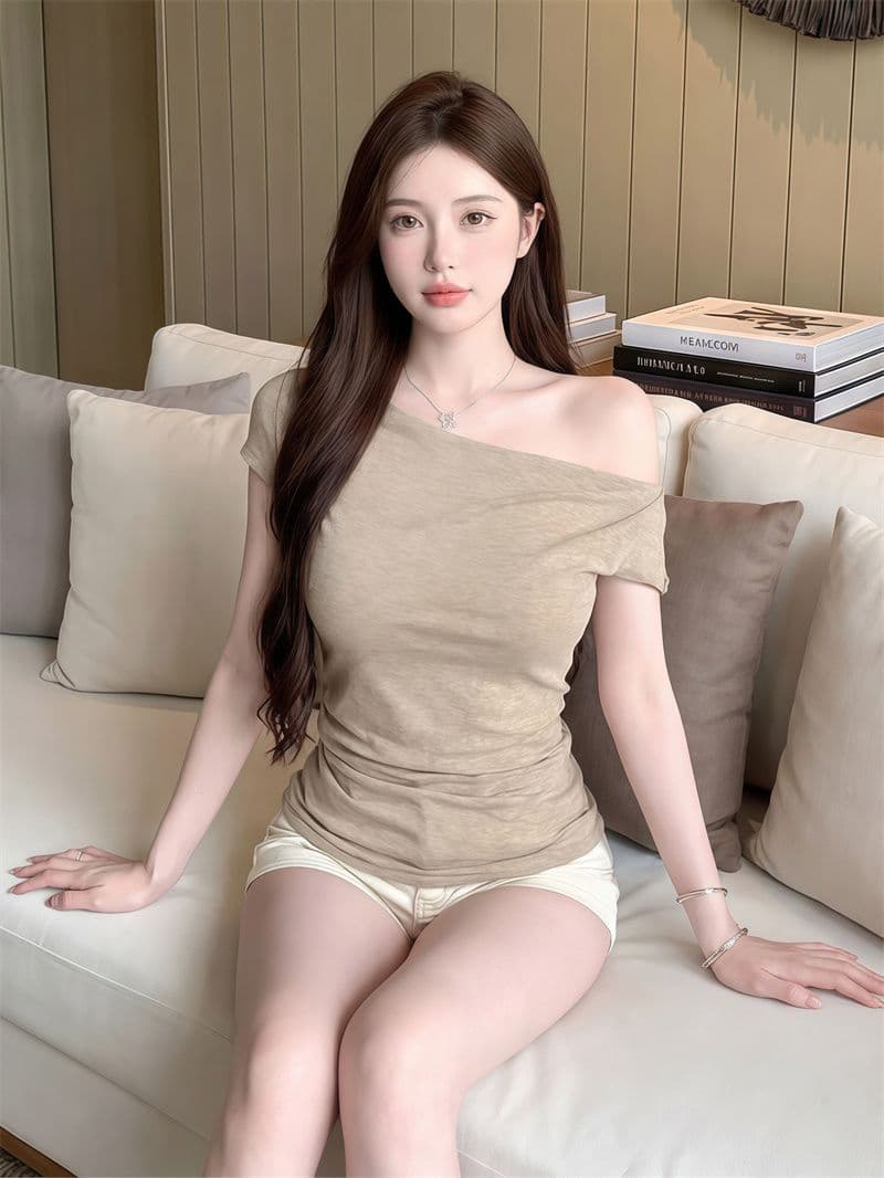 원본 원단 핫걸 바람 비스듬한 어깨 반팔 티셔츠 여성 여름 패션 몸매 가꾸기 슬림해 보이는 주름 맨위 상세 이미지 10