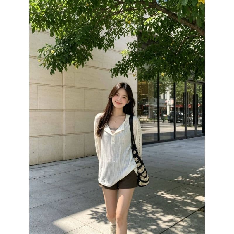 여름 새로운 루즈핏 슬림해 보이는 블라우스 다용도 긴팔 티셔츠 여성 한 부서 작은 대중 홀로우 아웃 디자인 센스 맨위 이미지 4