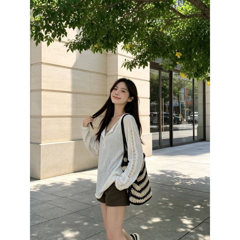 여름 새로운 루즈핏 슬림해 보이는 블라우스 다용도 긴팔 티셔츠 여성 한 부서 작은 대중 홀로우 아웃 디자인 센스 맨위 이미지 3