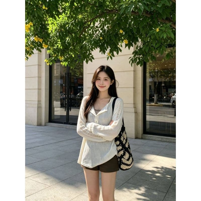 여름 새로운 루즈핏 슬림해 보이는 블라우스 다용도 긴팔 티셔츠 여성 한 부서 작은 대중 홀로우 아웃 디자인 센스 맨위 이미지 2