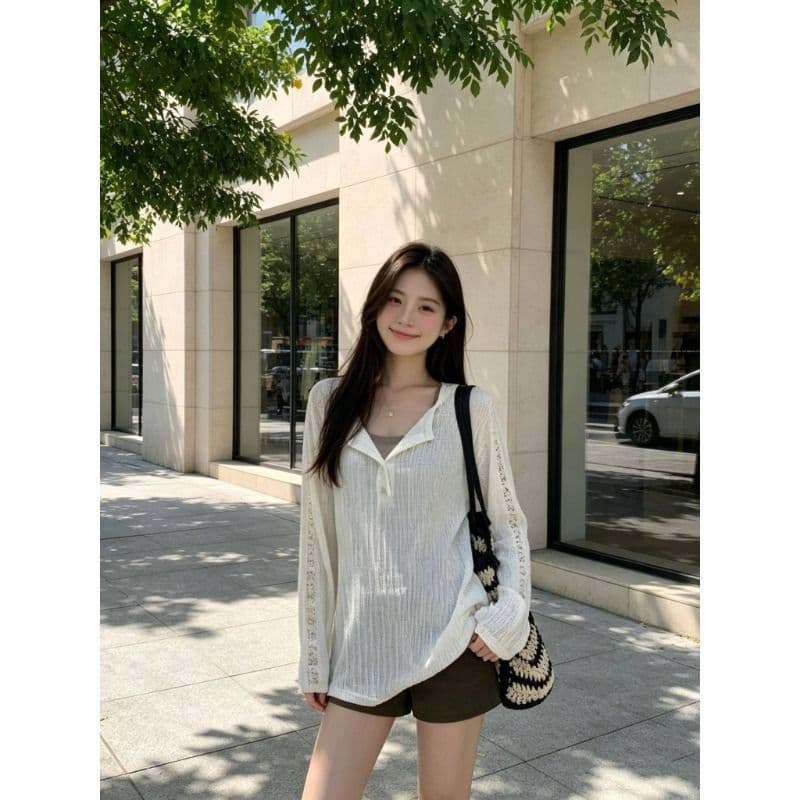 여름 새로운 루즈핏 슬림해 보이는 블라우스 다용도 긴팔 티셔츠 여성 한 부서 작은 대중 홀로우 아웃 디자인 센스 맨위