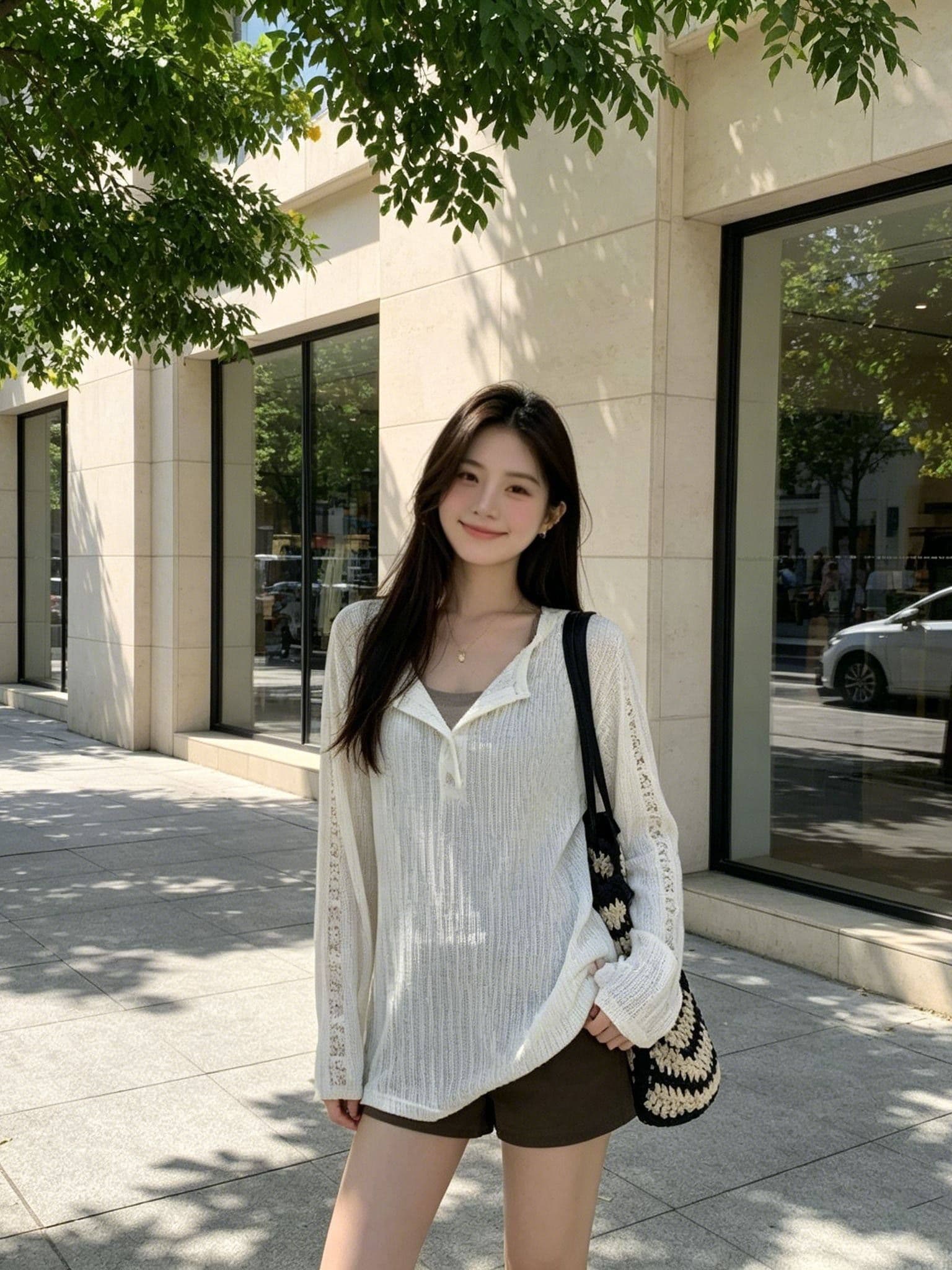 여름 새로운 루즈핏 슬림해 보이는 블라우스 다용도 긴팔 티셔츠 여성 한 부서 작은 대중 홀로우 아웃 디자인 센스 맨위 상세 이미지 6