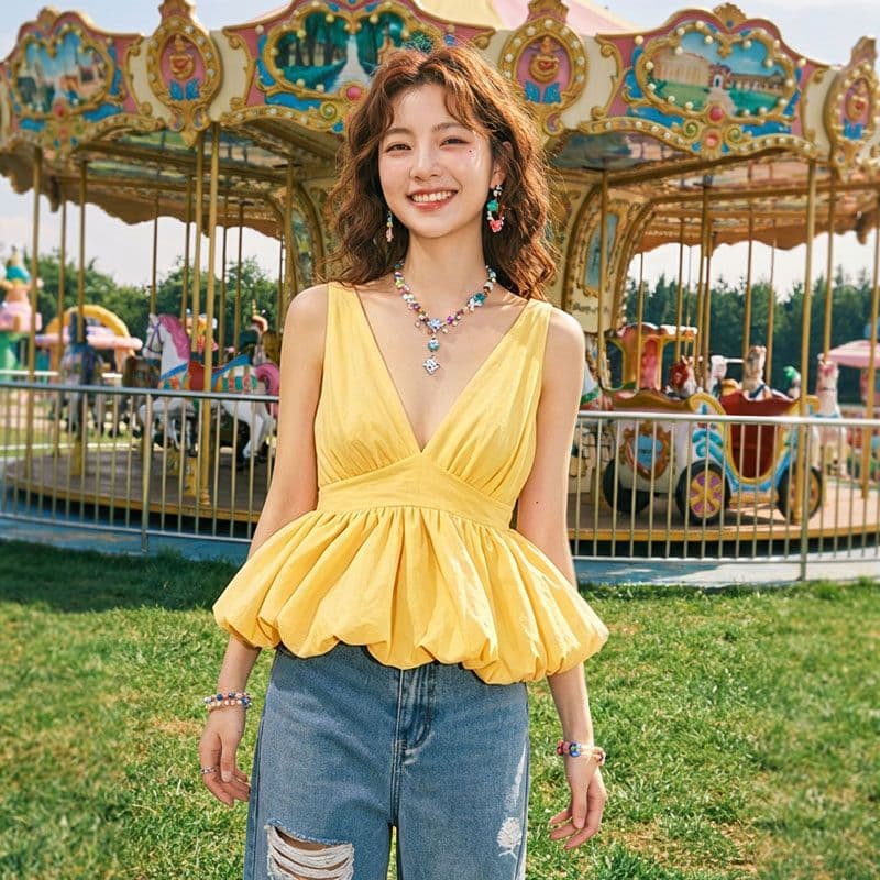 여름 새로운 한 부서 ins 달콤함 순수한 욕망 바람 V넥 핫걸 몸매 가꾸기 허리 수축 외출용 꽃밭 작은 맨위