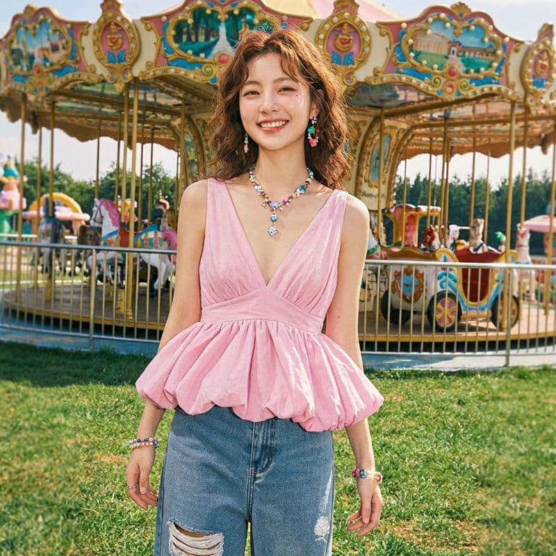 여름 새로운 한 부서 ins 달콤함 순수한 욕망 바람 V넥 핫걸 몸매 가꾸기 허리 수축 외출용 꽃밭 작은 맨위 상세 이미지 3