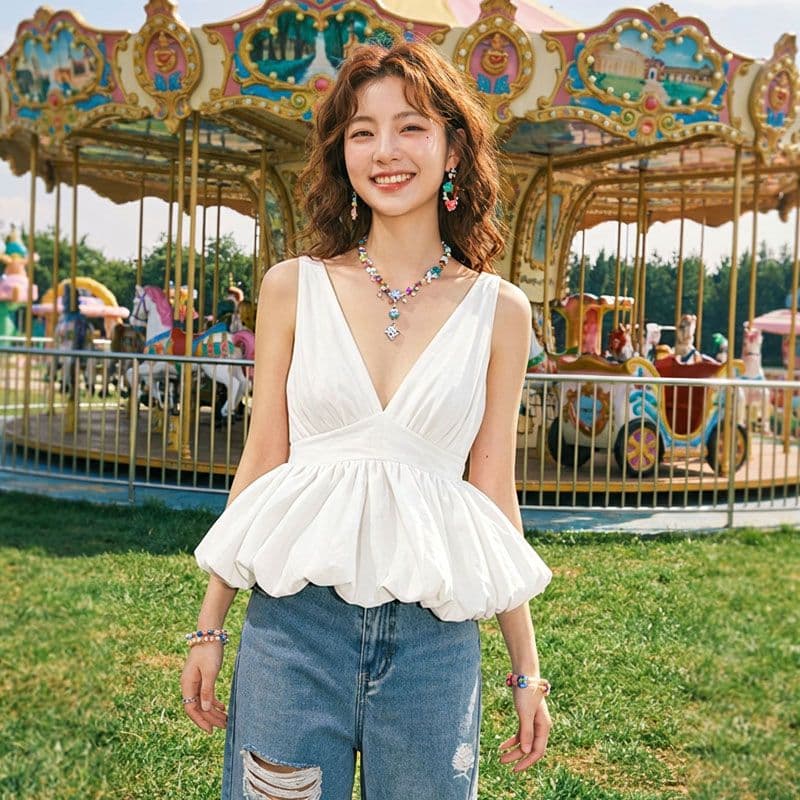여름 새로운 한 부서 ins 달콤함 순수한 욕망 바람 V넥 핫걸 몸매 가꾸기 허리 수축 외출용 꽃밭 작은 맨위 상세 이미지 5