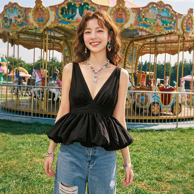 여름 새로운 한 부서 ins 달콤함 순수한 욕망 바람 V넥 핫걸 몸매 가꾸기 허리 수축 외출용 꽃밭 작은 맨위 상세 이미지 6