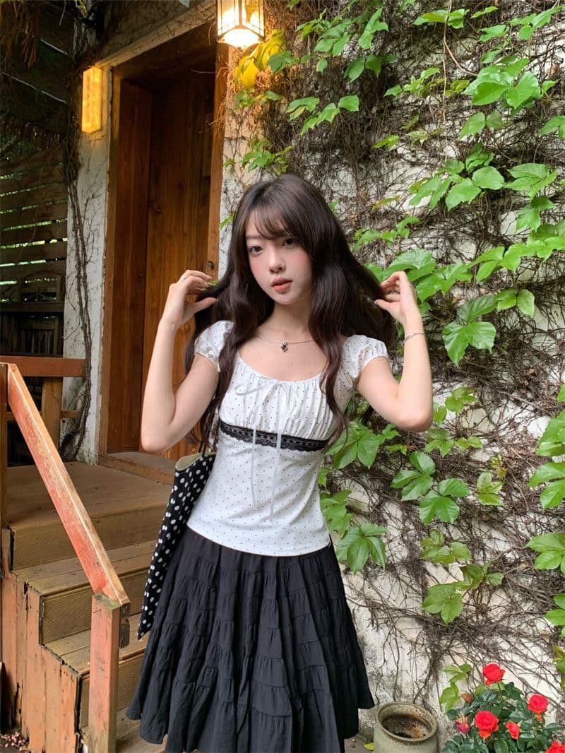 순수한 욕망 바람 디자인 센스 광장 칼라 나비 매듭 레이스 조각 반팔 티셔츠 도트 무늬 품격 연령 감소 맨위 여성 상세 이미지 7