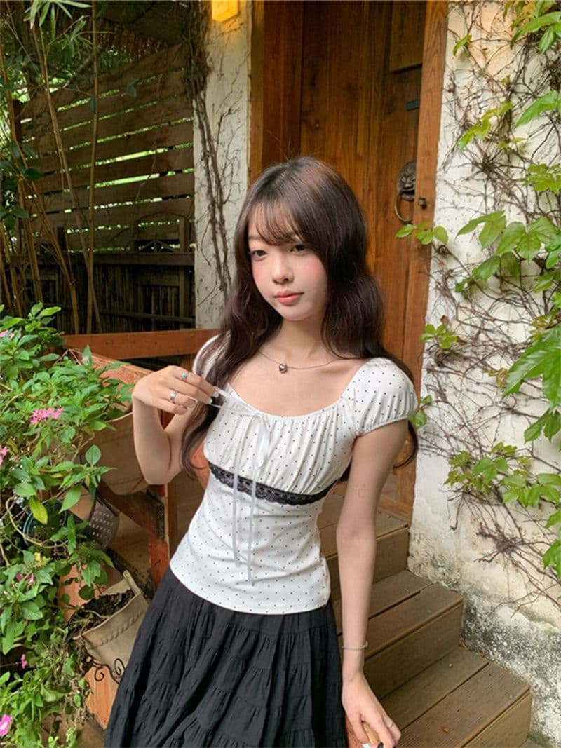 순수한 욕망 바람 디자인 센스 광장 칼라 나비 매듭 레이스 조각 반팔 티셔츠 도트 무늬 품격 연령 감소 맨위 여성 상세 이미지 10