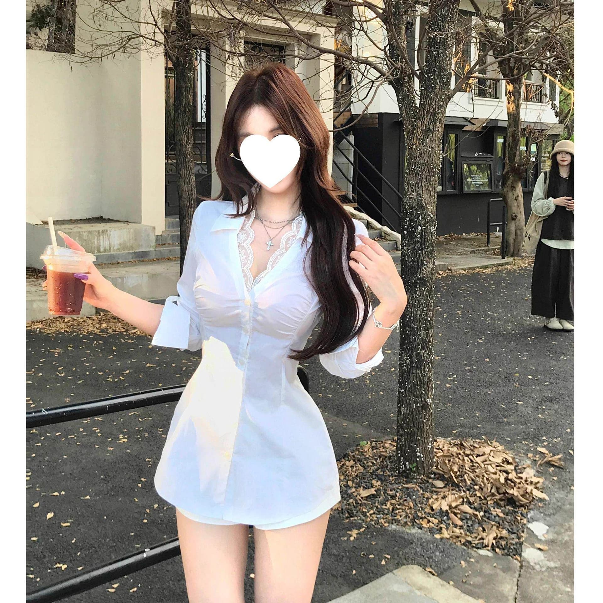 순수한 욕망 핫걸 레이스 조각 셔츠 여자 봄 여름 마이크로 지방 꼬집기 허리 슬림해 보이는 몸매 가꾸기 맨위 셔츠 상세 이미지 7