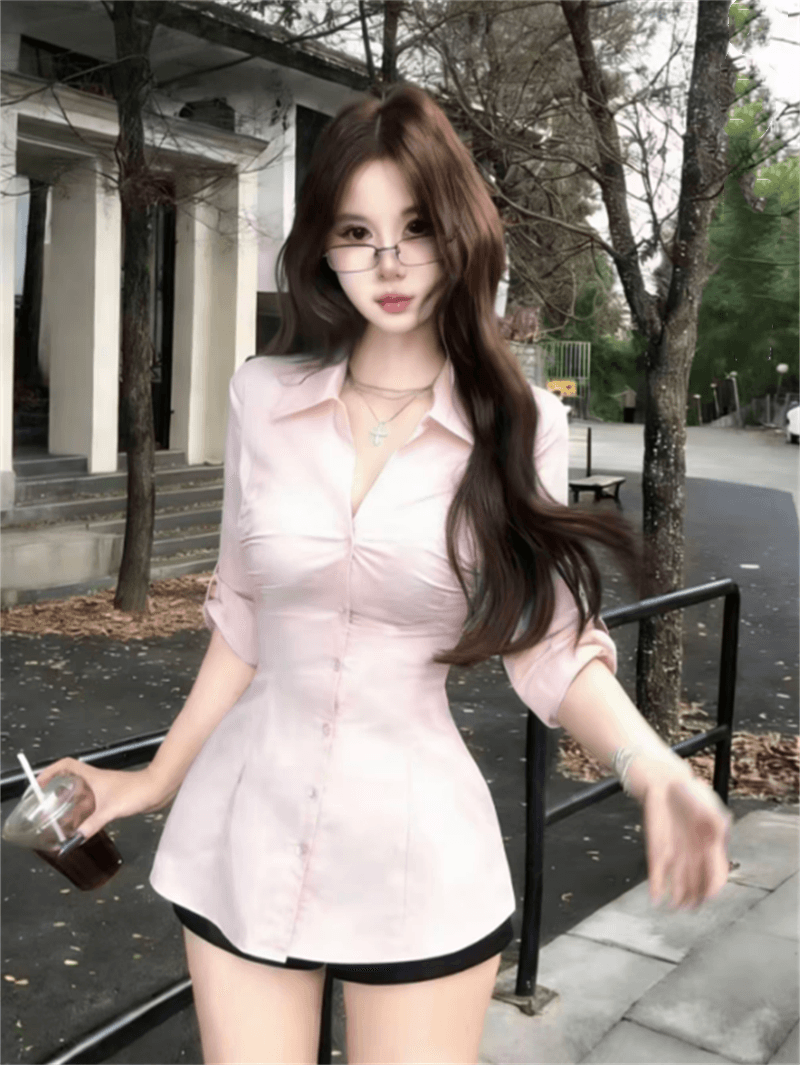 순수한 욕망 핫걸 레이스 조각 셔츠 여자 봄 여름 마이크로 지방 꼬집기 허리 슬림해 보이는 몸매 가꾸기 맨위 셔츠 상세 이미지 9