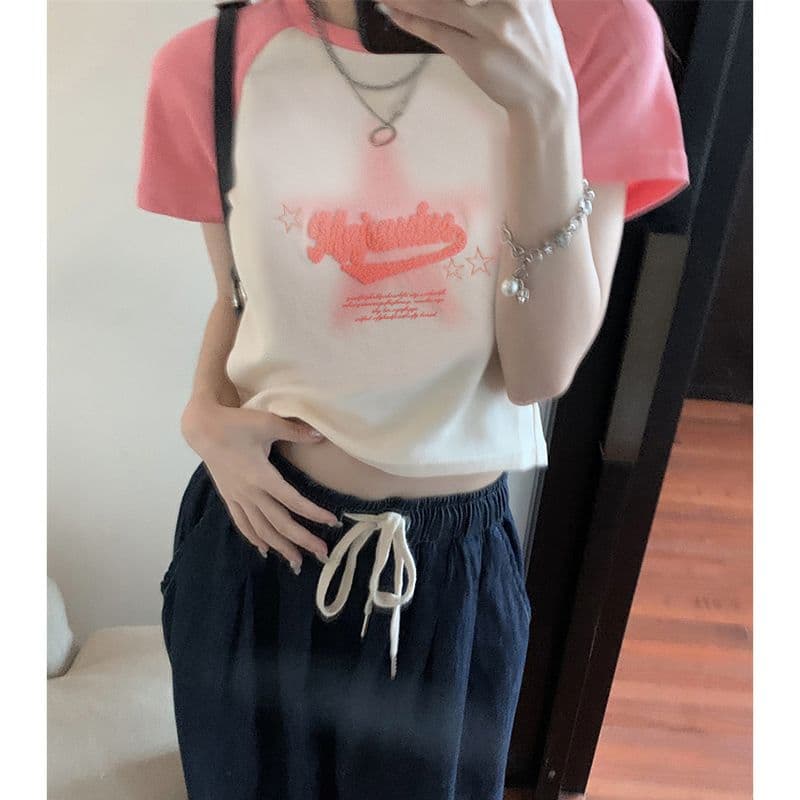오각형 별 알파벳 빅 사이즈 여성 달콤한 핫걸 여름 새로운 패션 라운드 넥 하트 배색 티셔츠 반팔 맨위 이미지 2