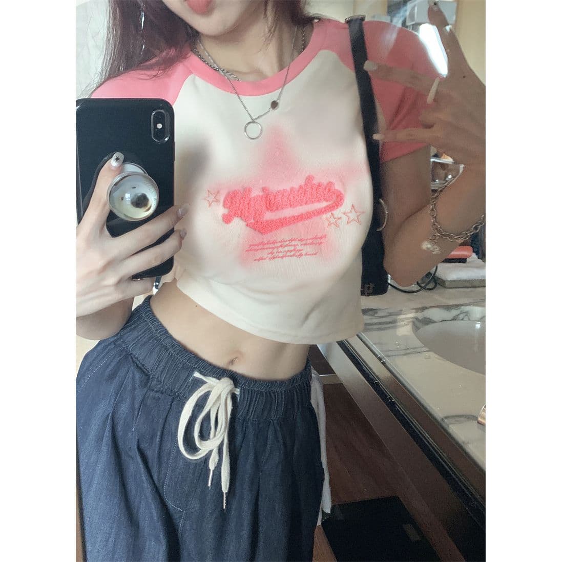오각형 별 알파벳 빅 사이즈 여성 달콤한 핫걸 여름 새로운 패션 라운드 넥 하트 배색 티셔츠 반팔 맨위 이미지 4