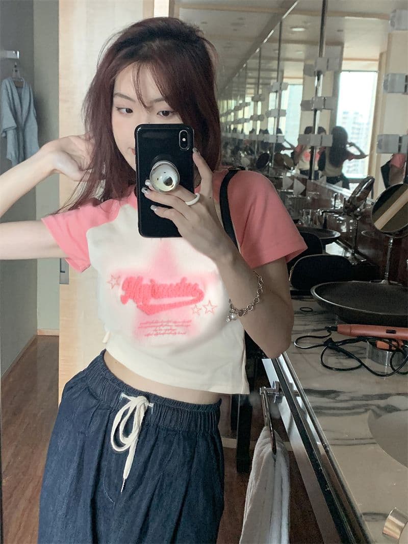 오각형 별 알파벳 빅 사이즈 여성 달콤한 핫걸 여름 새로운 패션 라운드 넥 하트 배색 티셔츠 반팔 맨위 상세 이미지 4