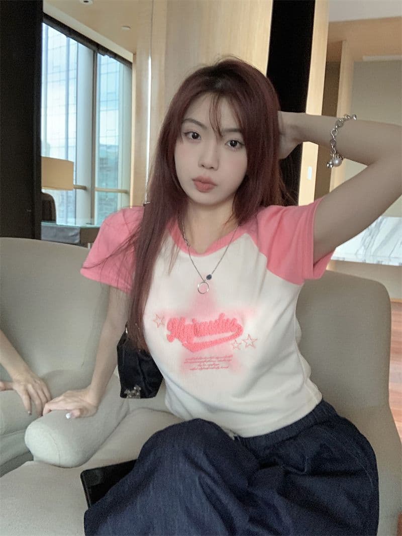 오각형 별 알파벳 빅 사이즈 여성 달콤한 핫걸 여름 새로운 패션 라운드 넥 하트 배색 티셔츠 반팔 맨위 상세 이미지 11