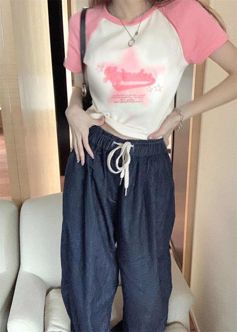 오각형 별 알파벳 빅 사이즈 여성 달콤한 핫걸 여름 새로운 패션 라운드 넥 하트 배색 티셔츠 반팔 맨위 상세 이미지 14