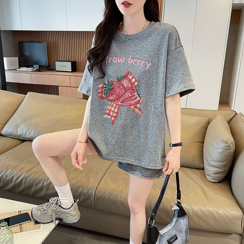 눈꽃 면 자외선 차단 티셔츠 여성용 짧은 소매 중간 길이 루즈핏 한국 스타일 여름 패션 다용도 맨위 ins 이미지 4