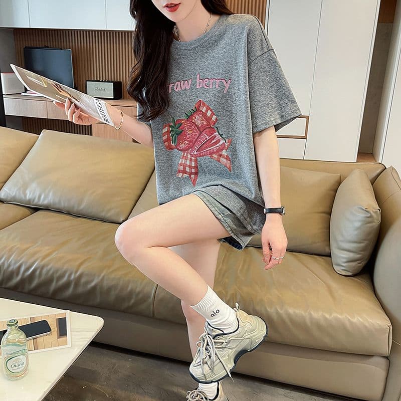 눈꽃 면 자외선 차단 티셔츠 여성용 짧은 소매 중간 길이 루즈핏 한국 스타일 여름 패션 다용도 맨위 ins 상세 이미지 5