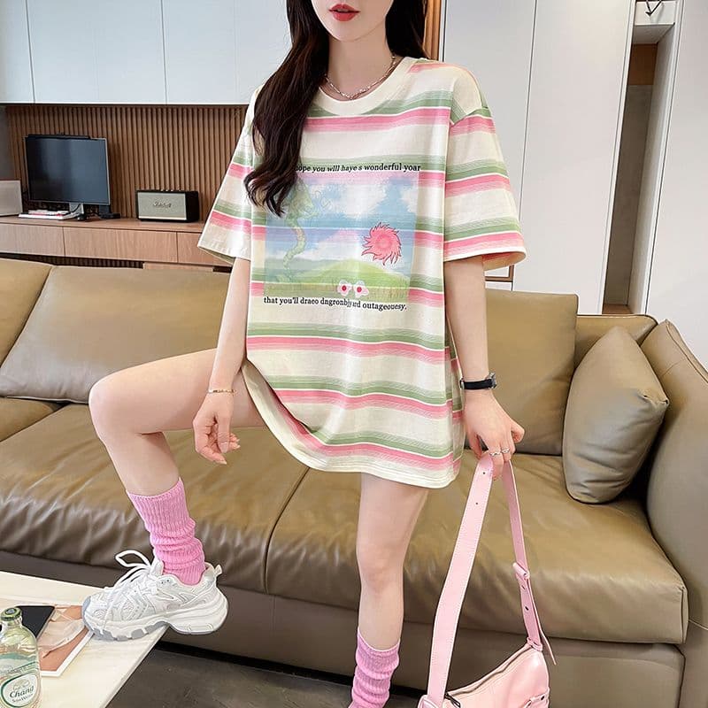 구슬 그라운드 스트라이프 반팔 티셔츠 여름 새로운 루즈핏 고급 센스 배색 다용도 맨위 i 여성 ns 트렌디 상세 이미지 3
