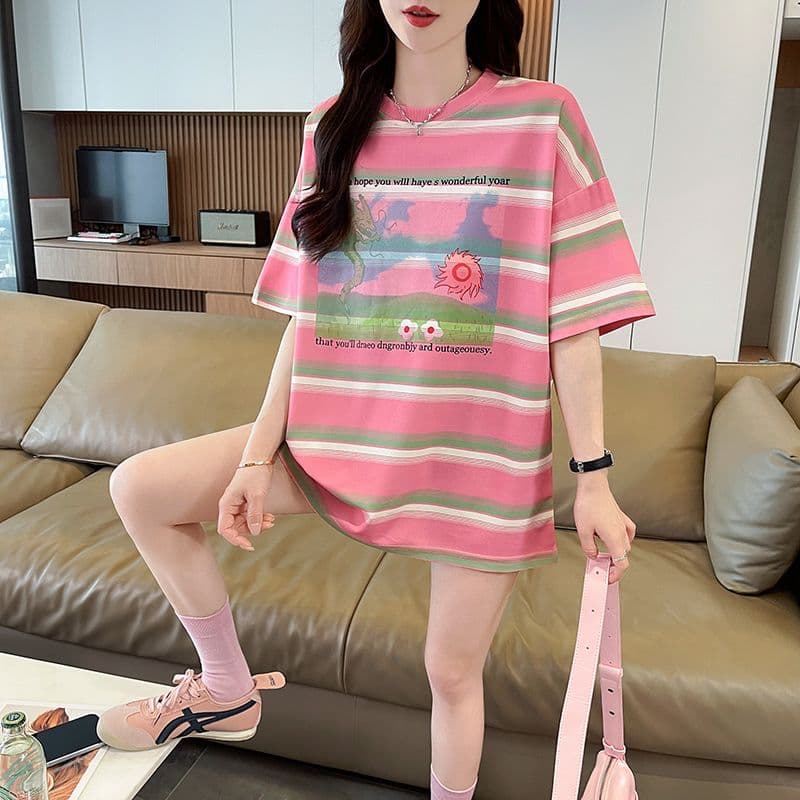 구슬 그라운드 스트라이프 반팔 티셔츠 여름 새로운 루즈핏 고급 센스 배색 다용도 맨위 i 여성 ns 트렌디 상세 이미지 14