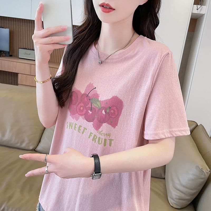 눈꽃 면 티셔츠 여성 라운드 넥 반팔 여름 새로운 한국 스타일 프린트 빅 사이즈 루즈핏 ins 맨위 서비스 이미지 3