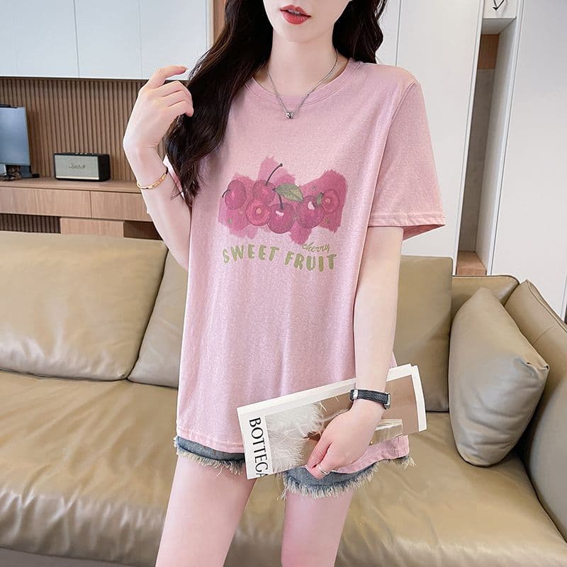 눈꽃 면 티셔츠 여성 라운드 넥 반팔 여름 새로운 한국 스타일 프린트 빅 사이즈 루즈핏 ins 맨위 서비스 이미지 2