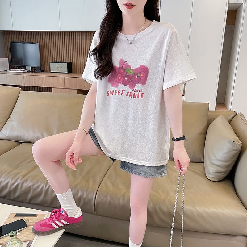 눈꽃 면 티셔츠 여성 라운드 넥 반팔 여름 새로운 한국 스타일 프린트 빅 사이즈 루즈핏 ins 맨위 서비스 상세 이미지 6
