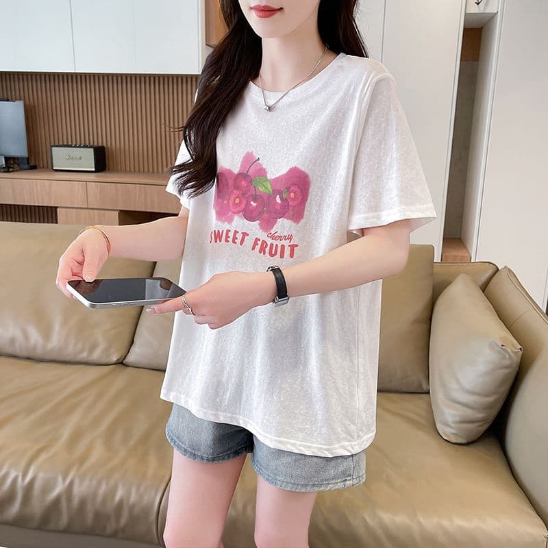 눈꽃 면 티셔츠 여성 라운드 넥 반팔 여름 새로운 한국 스타일 프린트 빅 사이즈 루즈핏 ins 맨위 서비스 상세 이미지 9