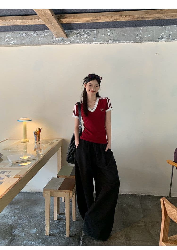 순면 리브 반팔 티셔츠 여성 여름 새로운 나비 매듭 레이스 배색 V넥 몸매 가꾸기 맨위 상세 이미지 16