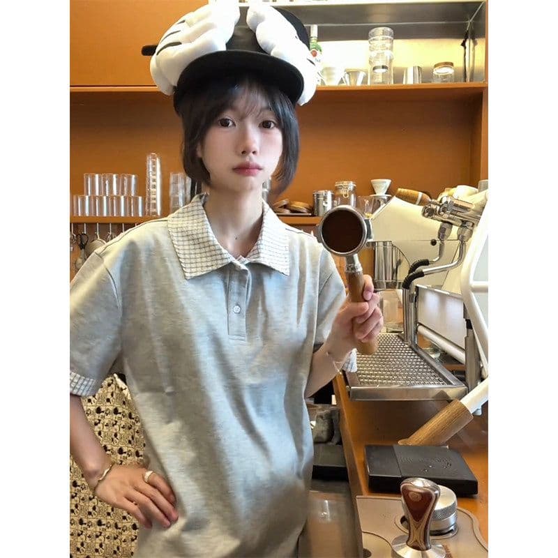 남자 바 면 220 그램 반팔 티셔츠 여성 의류 여름 페이크 레이어드 새로운 루즈핏 체크무늬 POLO 칼라 맨위 이미지 4