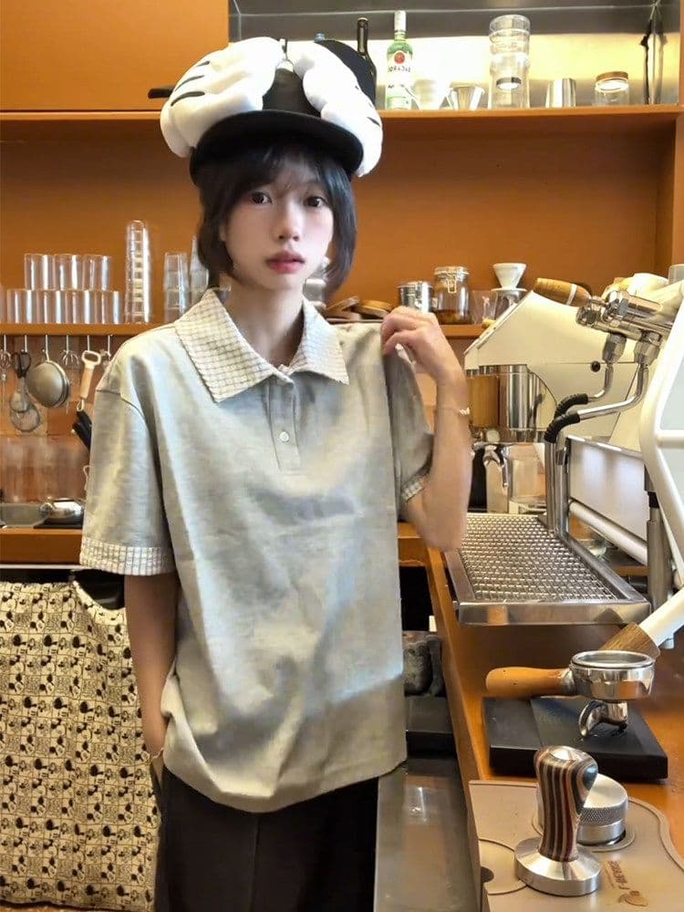 남자 바 면 220 그램 반팔 티셔츠 여성 의류 여름 페이크 레이어드 새로운 루즈핏 체크무늬 POLO 칼라 맨위 상세 이미지 8