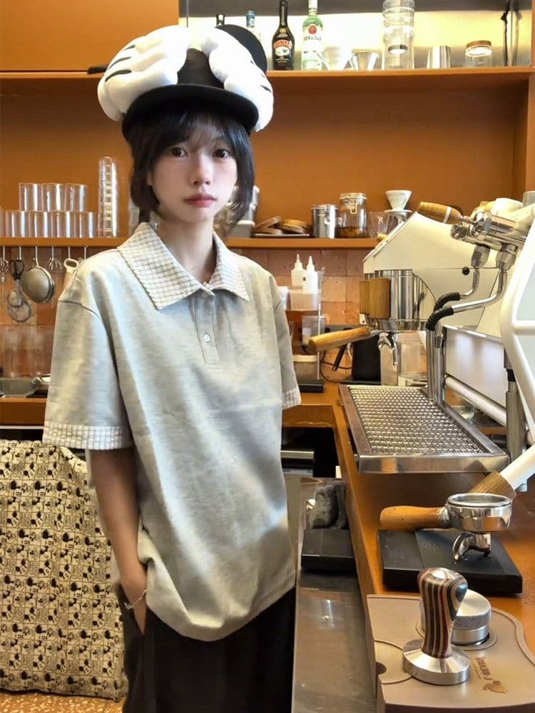 남자 바 면 220 그램 반팔 티셔츠 여성 의류 여름 페이크 레이어드 새로운 루즈핏 체크무늬 POLO 칼라 맨위 상세 이미지 9
