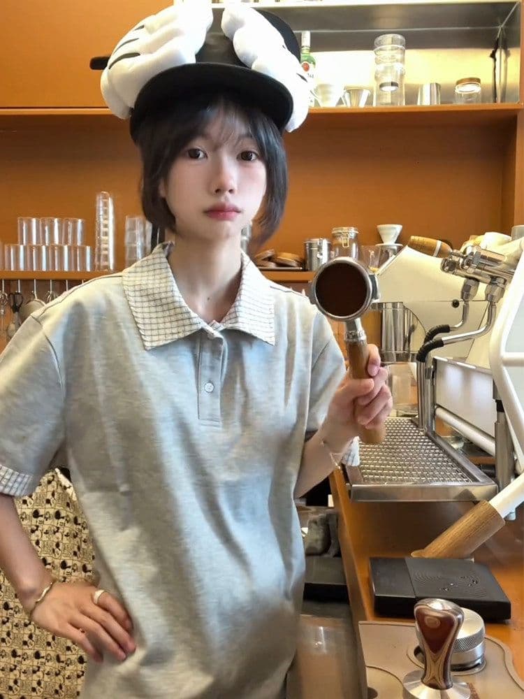 남자 바 면 220 그램 반팔 티셔츠 여성 의류 여름 페이크 레이어드 새로운 루즈핏 체크무늬 POLO 칼라 맨위 상세 이미지 11