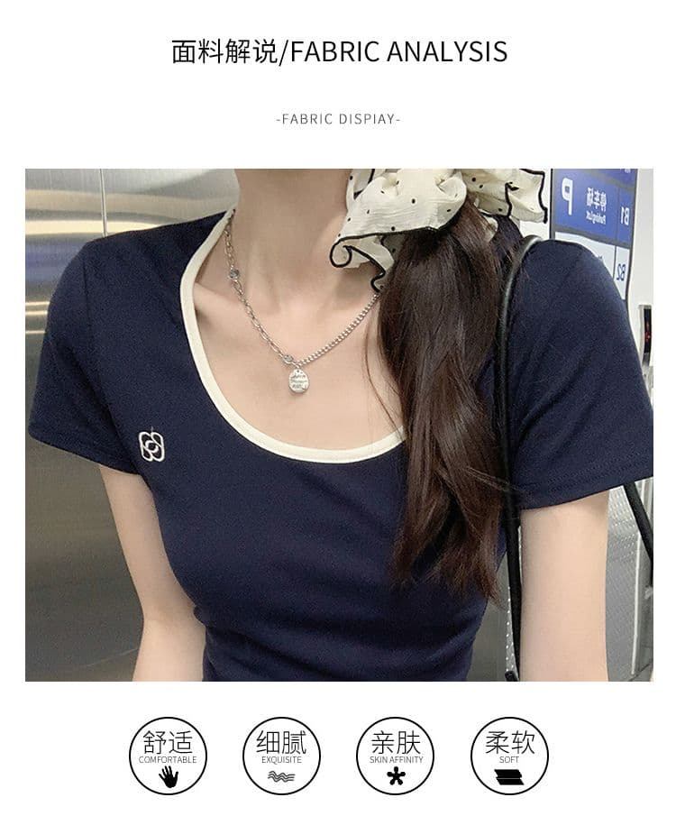 1 1 리브 순면 반팔 티셔츠 여성 의류 여름 2026 단색 가시 자수 트렌디 몸매 가꾸기 쇼트 스타일 라운드 넥 맨위 상세 이미지 4