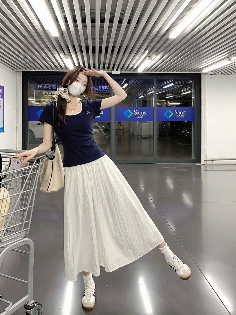 1 1 리브 순면 반팔 티셔츠 여성 의류 여름 2026 단색 가시 자수 트렌디 몸매 가꾸기 쇼트 스타일 라운드 넥 맨위 상세 이미지 10