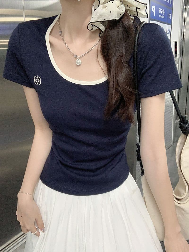 1 1 리브 순면 반팔 티셔츠 여성 의류 여름 2026 단색 가시 자수 트렌디 몸매 가꾸기 쇼트 스타일 라운드 넥 맨위 상세 이미지 20