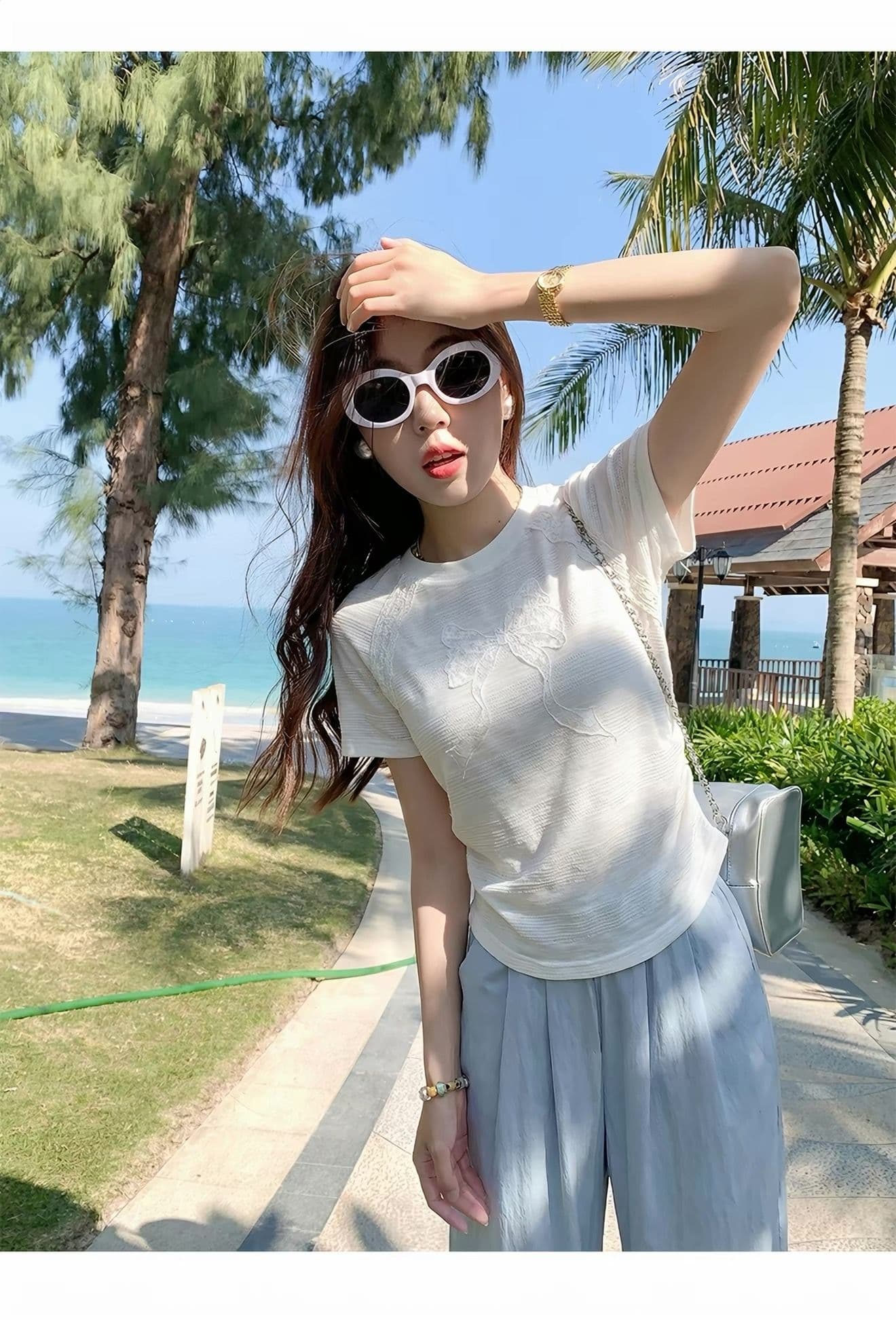 180 그램 65 폴리 에스터 35 면 한 부서 자수 긍정적 인 어깨 쇼트 스타일 반팔 티셔츠 여성 여름 작은 키 몸매 가꾸기 슬림해 보이는 맨위 상세 이미지 2