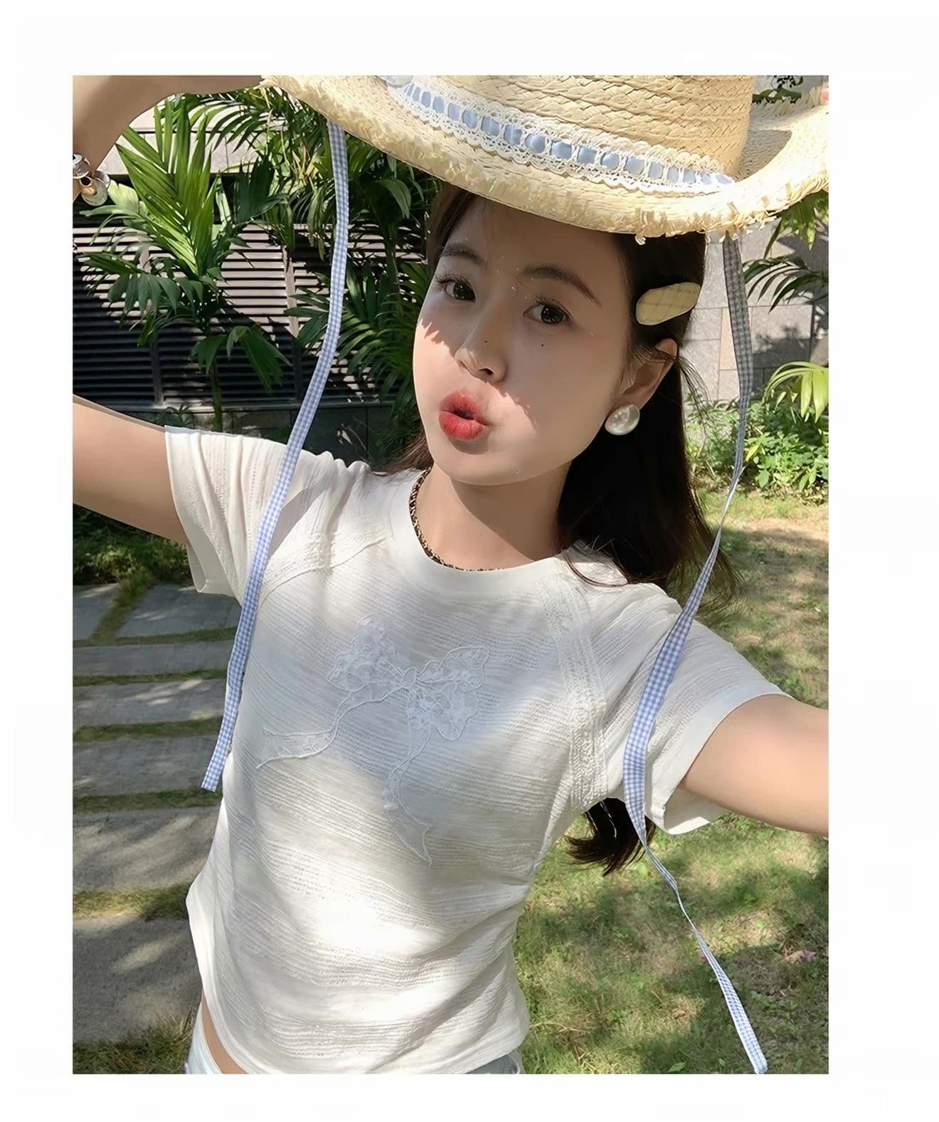 180 그램 65 폴리 에스터 35 면 한 부서 자수 긍정적 인 어깨 쇼트 스타일 반팔 티셔츠 여성 여름 작은 키 몸매 가꾸기 슬림해 보이는 맨위 상세 이미지 3
