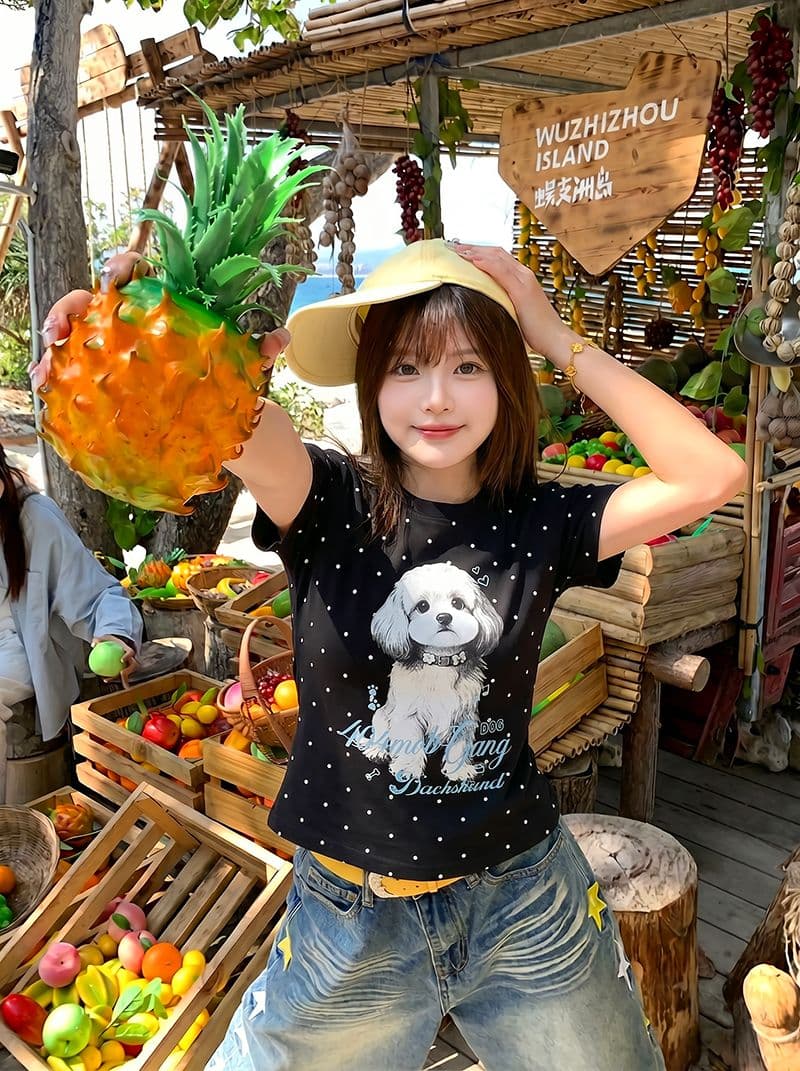 1 1 순면 리브 반팔 티셔츠 여성 의류 여름 새로운 한 부서 슬림해 보이는 도트 무늬 프린트 라운드 넥 맨위 상세 이미지 11