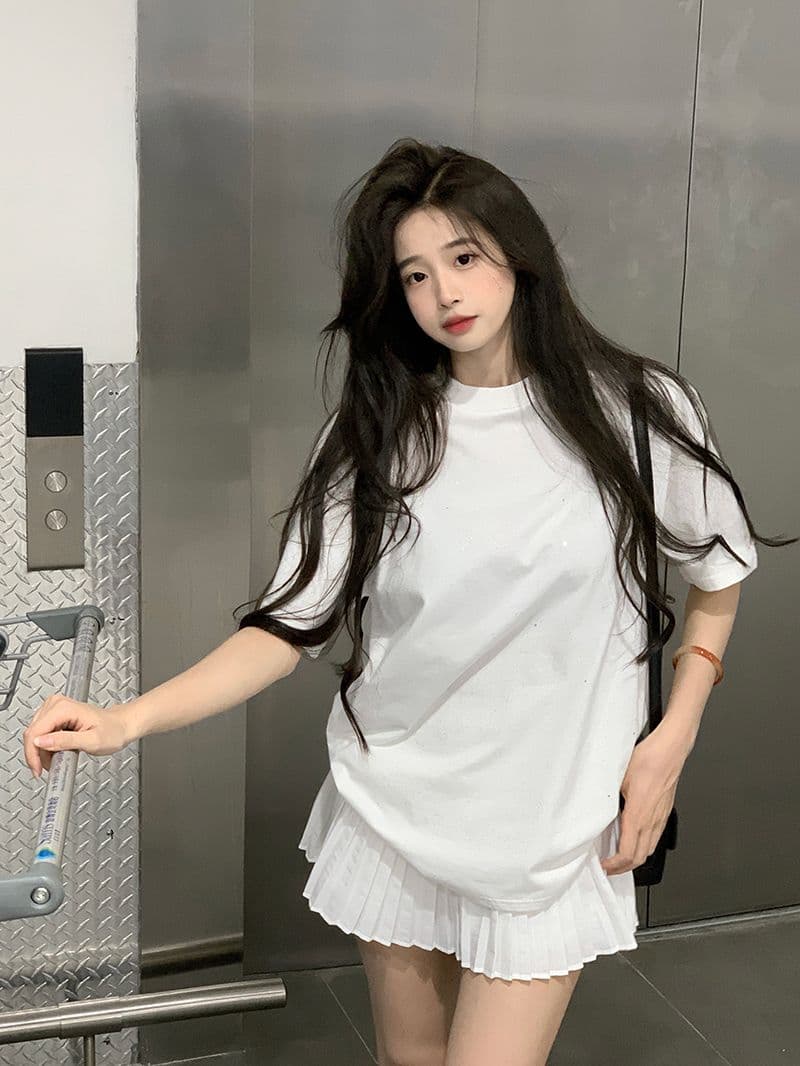 220 그램 순면 반팔 티셔츠 여름 2026 긍정적 인 어깨 Gypsophila 프린트 중간 길이 라운드 넥 맨위 한국 스타일 여성 의류 상세 이미지 11