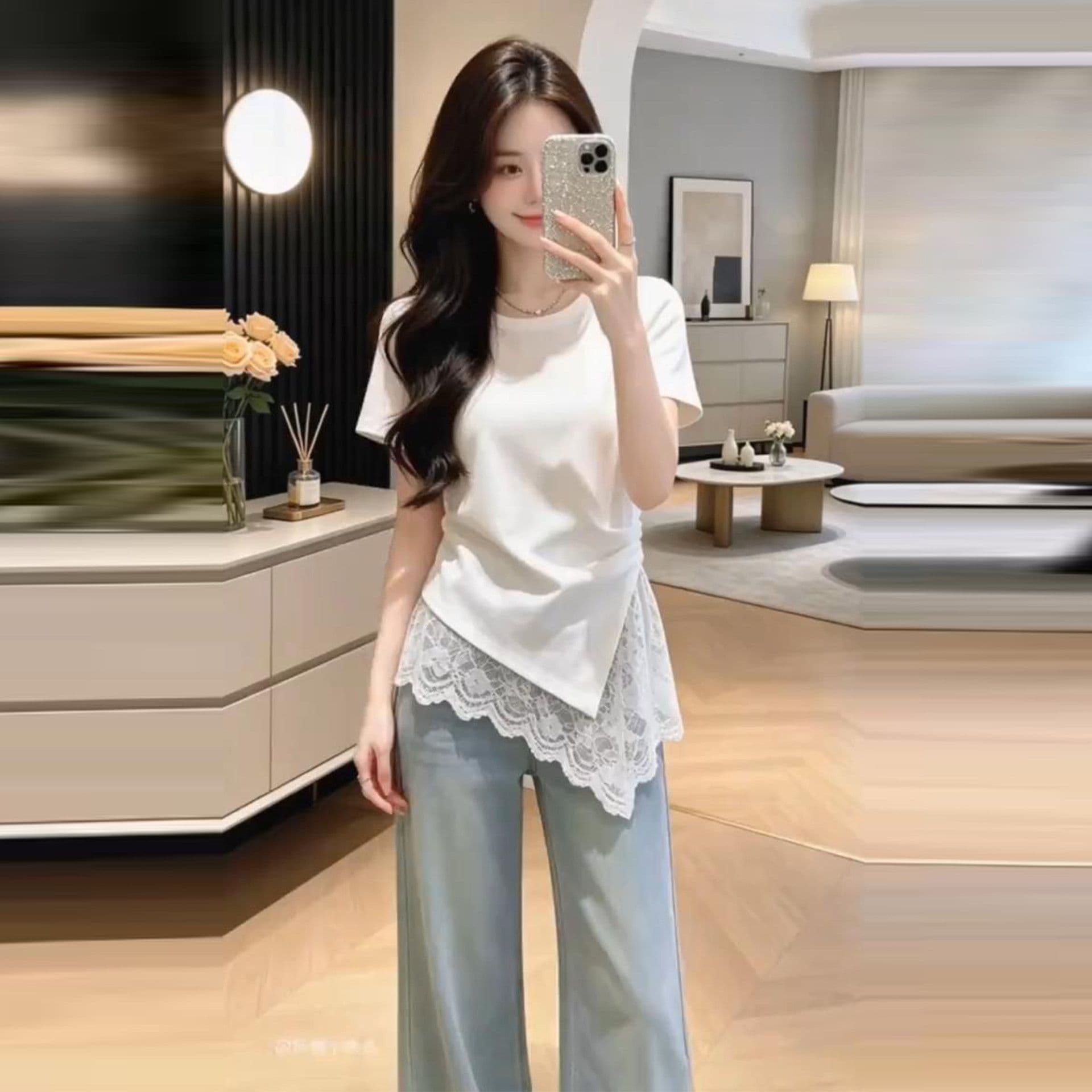 240 그램 순면 리브 92 면 8 암모니아 Lun 디자인 센스 레이스 조각 반팔 티셔츠 여성 여름 슬림해 보이는 맨위 이미지 5