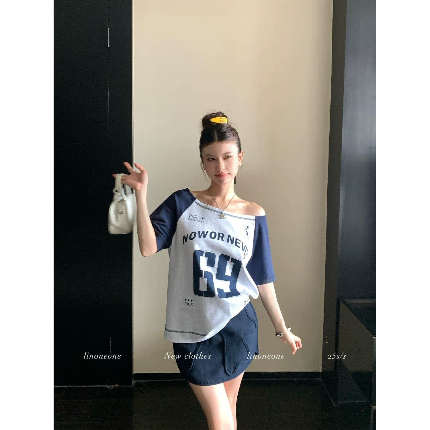 원본 품질 아메리칸 루즈핏 배색 알파벳 비스듬한 어깨 운동 반팔 티셔츠 이미지 4