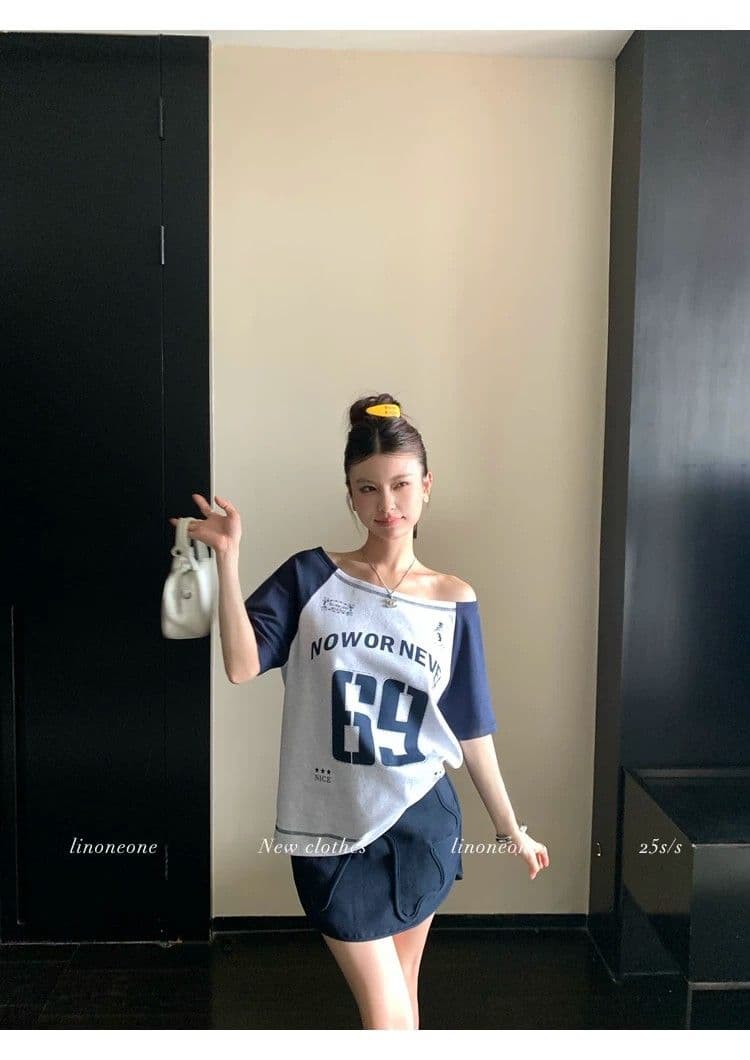 원본 품질 아메리칸 루즈핏 배색 알파벳 비스듬한 어깨 운동 반팔 티셔츠 상세 이미지 4