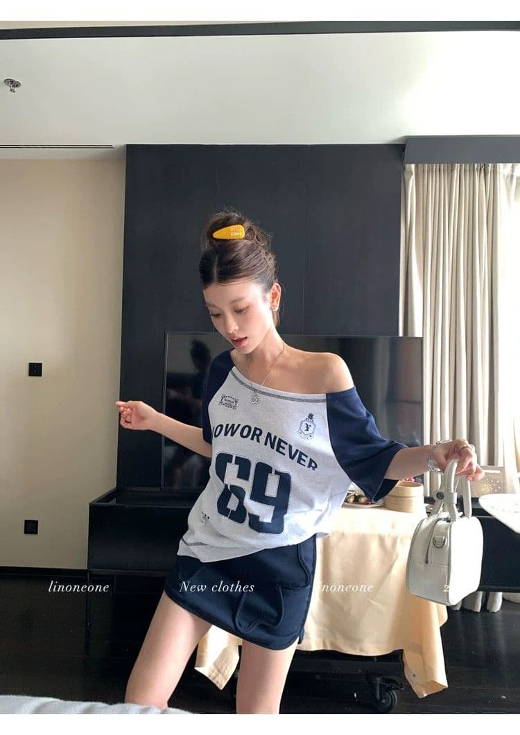 원본 품질 아메리칸 루즈핏 배색 알파벳 비스듬한 어깨 운동 반팔 티셔츠 상세 이미지 5