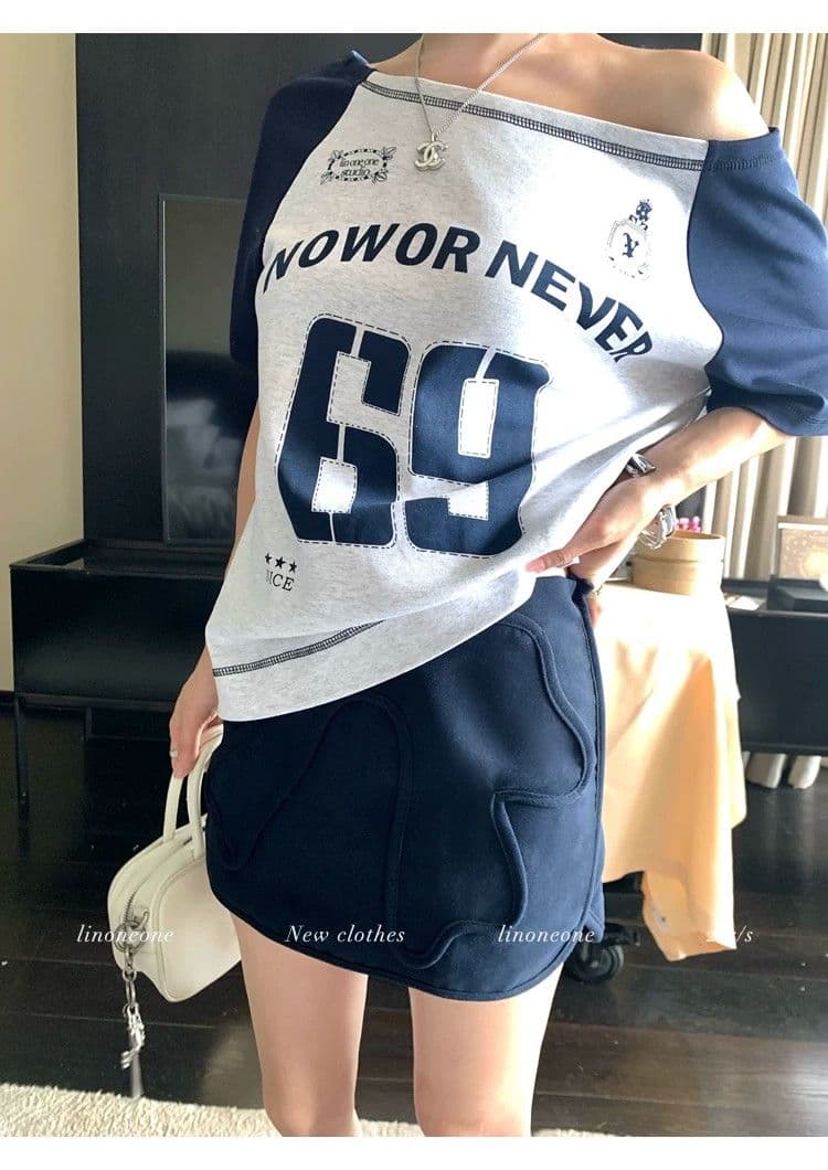 원본 품질 아메리칸 루즈핏 배색 알파벳 비스듬한 어깨 운동 반팔 티셔츠 상세 이미지 6