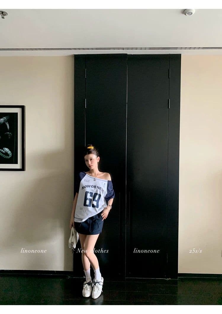 원본 품질 아메리칸 루즈핏 배색 알파벳 비스듬한 어깨 운동 반팔 티셔츠 상세 이미지 7