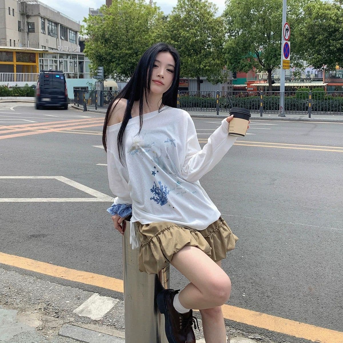원본 것 디자인 센스 프린트 긴팔 자외선 차단 블라우스 소나무 비스듬한 어깨 의류 이미지 2