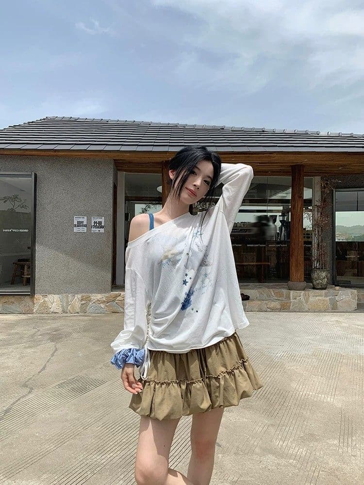 원본 것 디자인 센스 프린트 긴팔 자외선 차단 블라우스 소나무 비스듬한 어깨 의류 상세 이미지 6