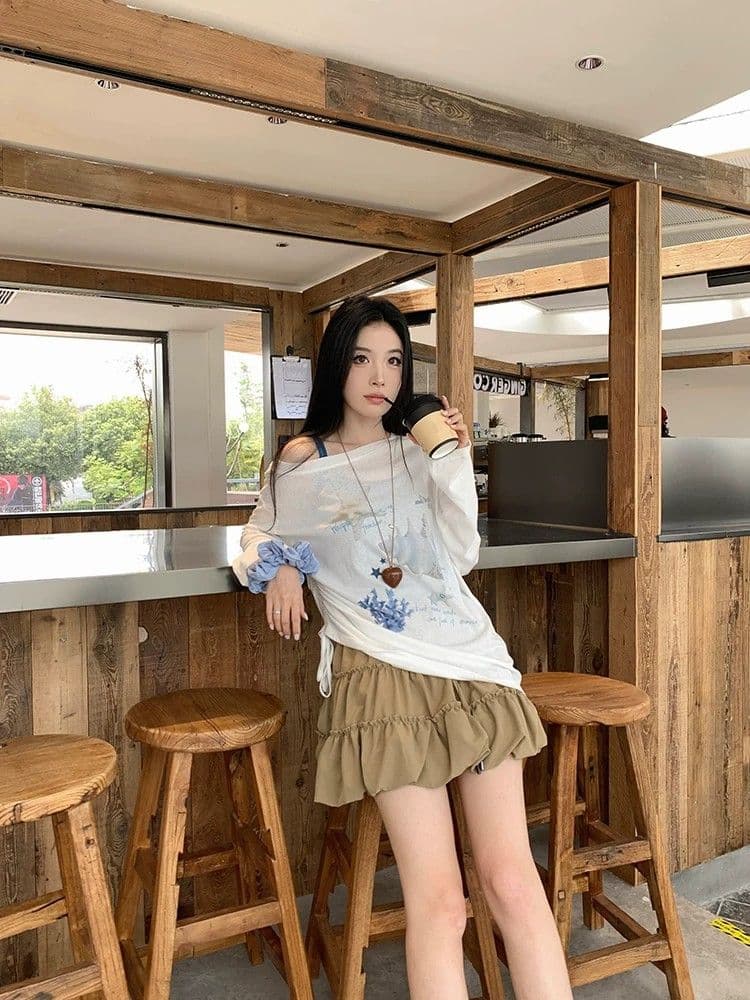 원본 것 디자인 센스 프린트 긴팔 자외선 차단 블라우스 소나무 비스듬한 어깨 의류 상세 이미지 7