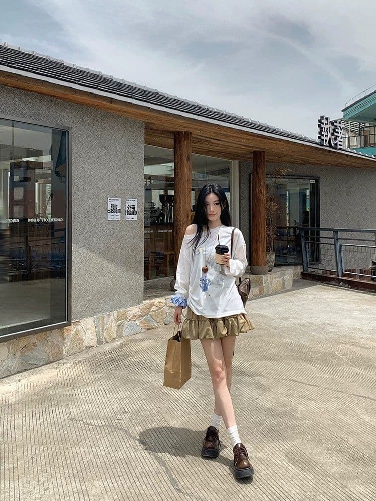 원본 것 디자인 센스 프린트 긴팔 자외선 차단 블라우스 소나무 비스듬한 어깨 의류 상세 이미지 8
