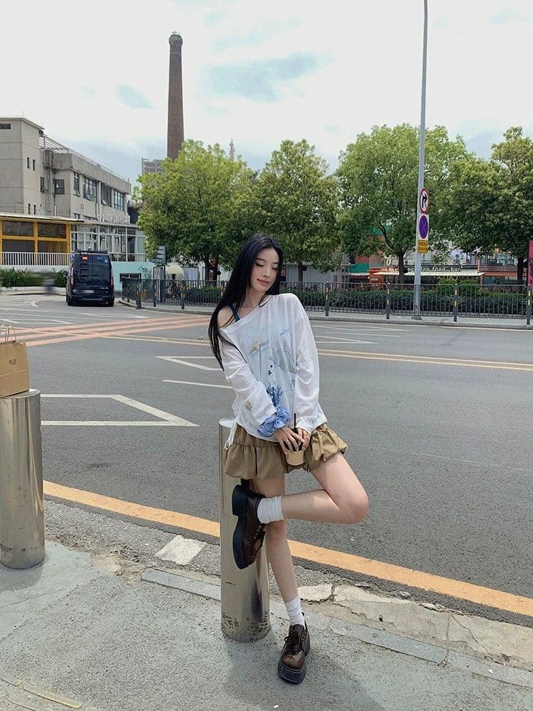 원본 것 디자인 센스 프린트 긴팔 자외선 차단 블라우스 소나무 비스듬한 어깨 의류 상세 이미지 13